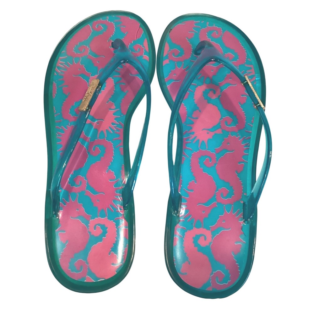 Lilly Pulitzer Seahorse Jelly Flip Flop Sandals Turquoise Pink Gold - Size 7.5